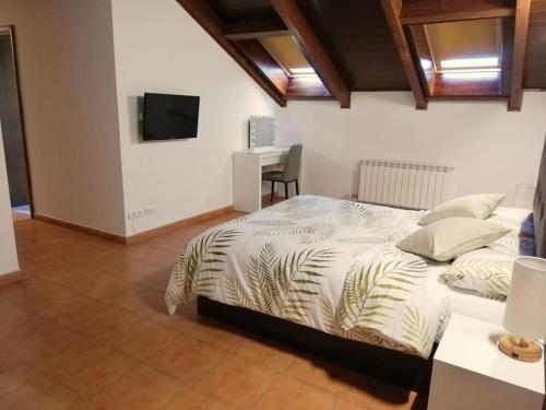 ein Schlafzimmer mit einem Bett, einem Schreibtisch und einem Fernseher in der Unterkunft Dúplex rodeado de naturaleza, bodegas e historia in Sojuela