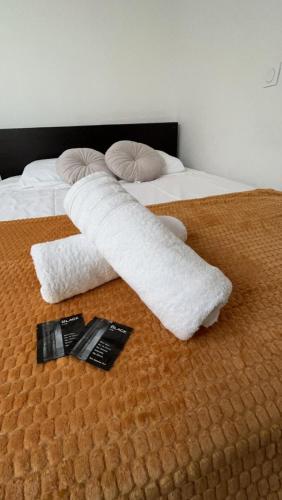 - 2 lits avec serviettes blanches et télécommande dans l'établissement Appartement de charme Toulouse nord, à Aucamville