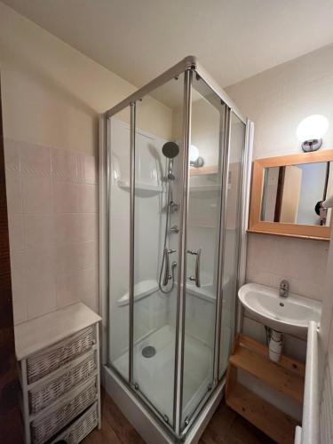 a bathroom with a shower and a sink at Appartement Valloire Galibier 4 personnes pied de piste in Valloire