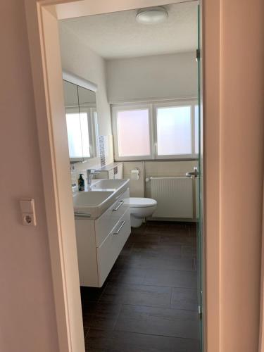 a bathroom with a sink and a toilet and two windows at FeWo Saier in Althengstett