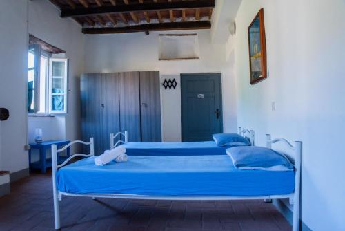 a bedroom with two beds with blue pillows at Ostello di Camaiore in Camaiore