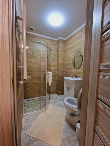 uma casa de banho com um WC e uma cabina de duche em vidro. em La Banel Hotel em Selemet