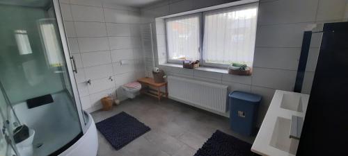 a bathroom with a window and a toilet in it at Fewo 2 in Westerhausen