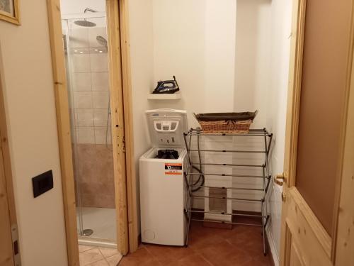 a bathroom with a shower and a small refrigerator at Appartamenti Bion in Levico Terme
