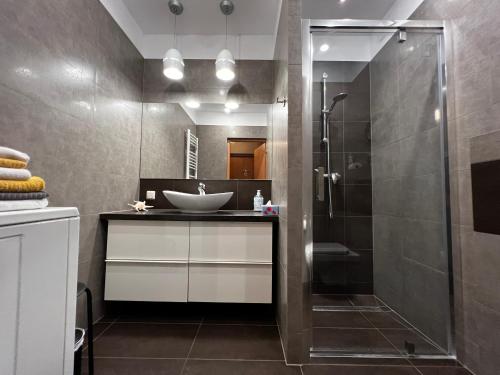 a bathroom with a sink and a shower at Friendly Apartments - Krakow in Kraków