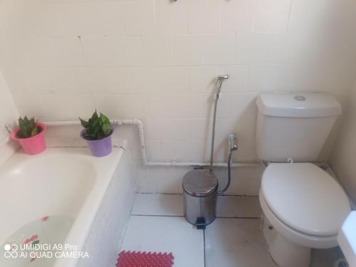 a bathroom with a toilet and a bath tub with plants at Aconchego do Lar Centro BH Apto 633 Rua da Bahia 187 in Belo Horizonte