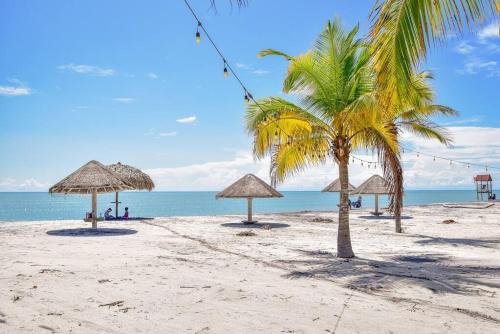 a beach with straw umbrellas and a palm tree at Luxury in the Tropics that Sleeps 6 in El Chirú