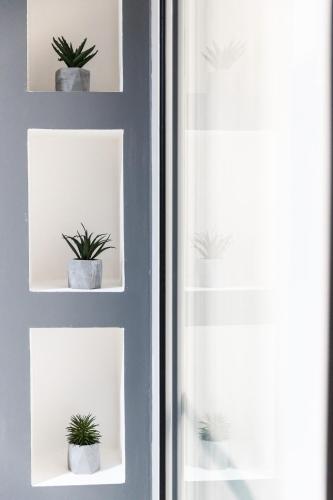 a window with three shelves with potted plants on them at Modern Central 2BR Flat in Valletta by Arco Collection in Valletta