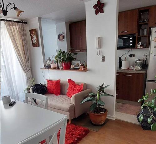 a living room with a couch and red pillows at Depto Temuco 2 dormitorios+ 1 baño in Temuco