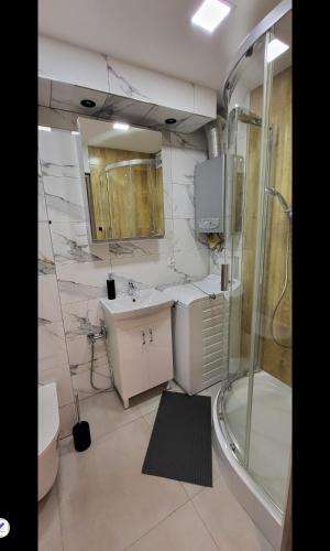 a bathroom with a shower and a sink and a toilet at Apartament Przemyślany in Przemyśl