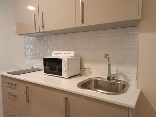 eine Küchentheke mit einer Spüle und einer Mikrowelle in der Unterkunft Apartahotel Golden Alcalá in Alcalá de Henares