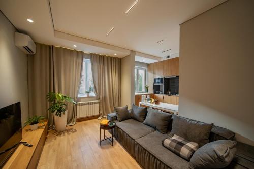 ein Wohnzimmer mit einem Sofa und einer Küche in der Unterkunft Deluxe Apartment in Taschkent