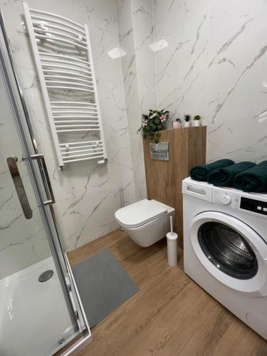 y baño con lavadora y aseo. en Przytulny Apartament nieopodal Manufaktury, en Łódź