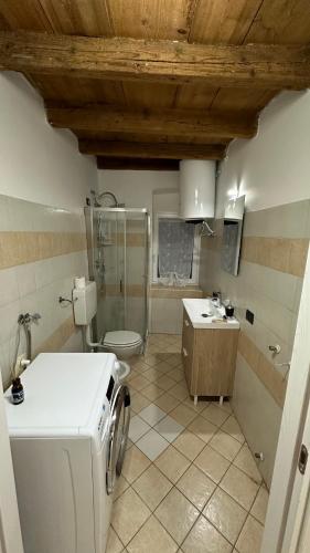 bagno con servizi igienici, lavandino e frigorifero. di Bilocale Palazzolo - Free WiFi e Netflix a Palazzolo sullʼOglio
