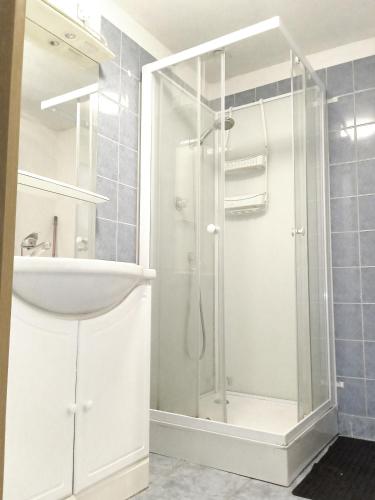 une salle de bain blanche avec une douche et un lavabo dans l'établissement Élégante maison centre Romilly, à Romilly-sur-Seine