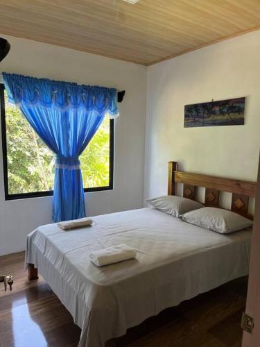 a bedroom with a large bed with a blue curtain at Casa Palmera in Puntarenas