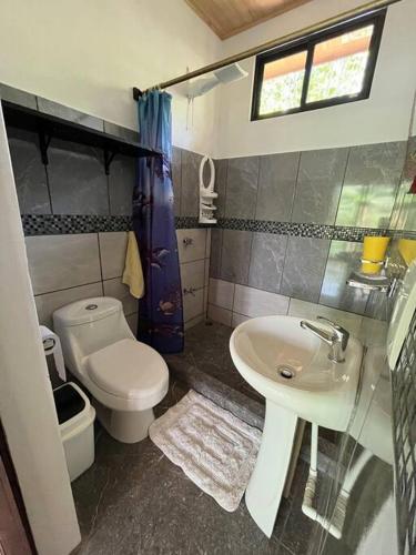 a small bathroom with a toilet and a sink at Casa Palmera in Puntarenas