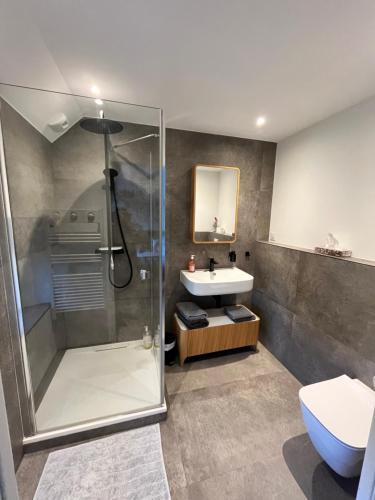 une salle de bain avec douche et lavabo dans l'établissement Douceur de vivre en bord de mer - Jacuzzi et cheminée, à Saint-Coulomb