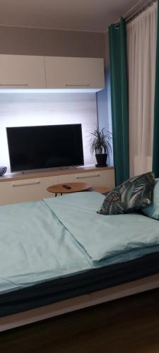 - une chambre avec un lit et une télévision à écran plat dans l'établissement kawalerka na Piastowskim, à Carolinensiel