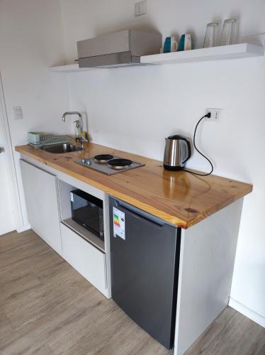 a kitchen with a counter with a sink and a stove at Departamento en Cocholgüe Tomé Concepción in Tomé