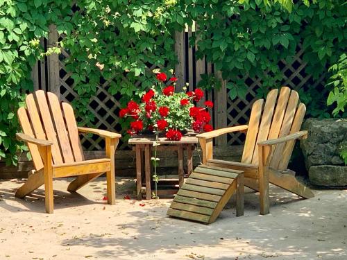 two chairs and a table with a vase of red flowers at Heartstone Country Retreat in Buena Vista