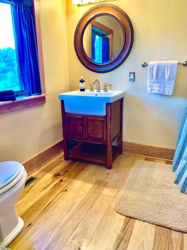 a bathroom with a sink and a toilet and a mirror at Heartstone Country Retreat in Buena Vista