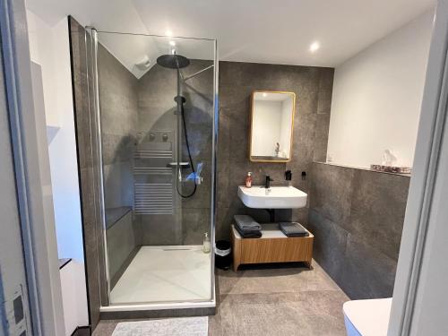 een badkamer met een douche en een wastafel bij Délicieuse escapade in Saint-Coulomb