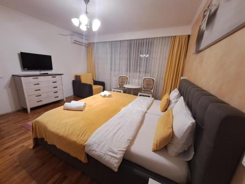 a bedroom with a large bed and a television at Alexander House in Deva