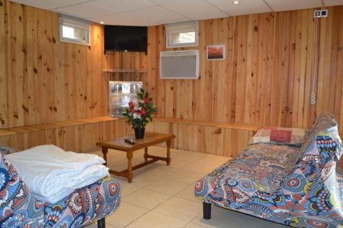 una camera con pareti in legno, divano e tavolo di Studio 50 M2 15MN de Paris a Villeneuve-le-Roi
