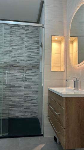 une salle de bain avec une douche en verre et un lavabo dans l'établissement Appartement T2 proche d'Airbus et centre ville de Toulouse, à Colomiers