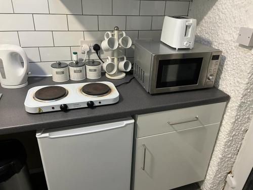 a kitchen counter with a microwave and a stove at OAKhouse studio 76 in Kent