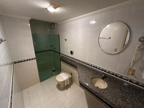 a bathroom with a toilet and a shower and a mirror at Golfinhos ApartHotel a beira-mar!! in Florianópolis