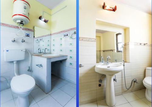 two pictures of a bathroom with a toilet and a sink at Guest House Naazh in Leh