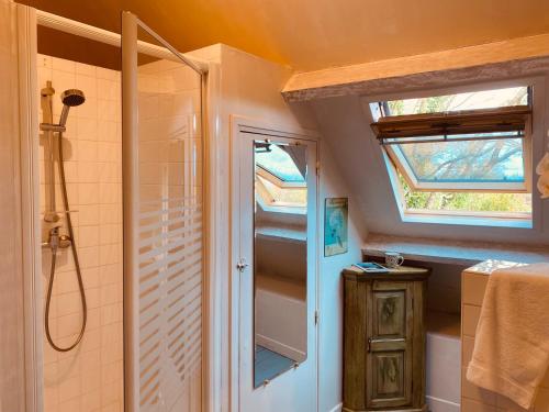 een badkamer met een douche, een wastafel en een raam bij Gîte des Fougères in Cherbourg en Cotentin