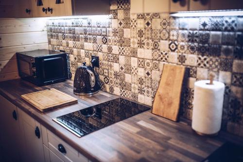 a kitchen counter with a microwave and a stove with a paper towel at Łosiówka in Bystre
