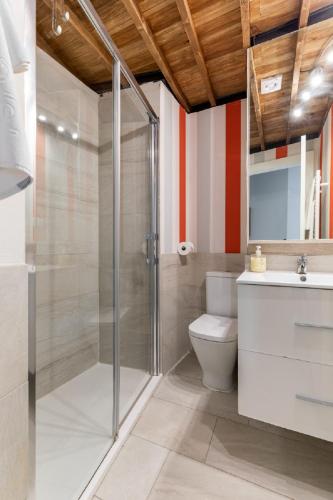 a bathroom with a shower and a toilet and a sink at Apartamentos Vino Tinto y Restaurante Tomate Rosa in Adahuesca