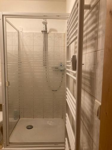 a shower with a glass door in a bathroom at Gästezimmer in Görlitz