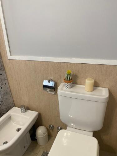 a bathroom with a white toilet and a sink at Departamento centro de san martin de los andes LA NONITA in San Martín de los Andes