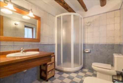a bathroom with a shower and a sink and a toilet at CASA RÚSTICA EN MAS ENFABONA in Els Ibarsos