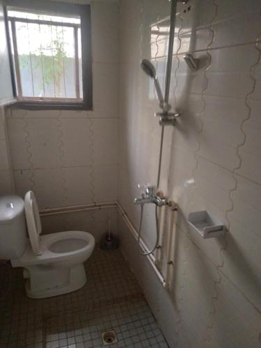 a white bathroom with a toilet and a window at The furnished residences of Fasso Kanu -villa in Bamako