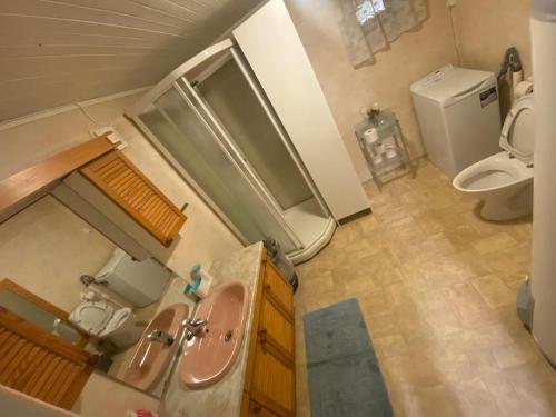 a small bathroom with a sink and a toilet at Lovely one bedroom apartment in Tromsø