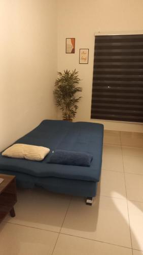 - un lit bleu dans un dortoir doté d'une plante en pot dans l'établissement Shah alam,subang airport,elmina, à Shah Alam