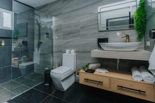 een badkamer met een toilet, een wastafel en een douche bij Hidden Villa Aruba in Oranjestad