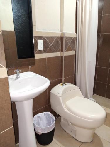 a bathroom with a toilet and a sink at Hostal Restaurante el Fogón Campero in Papallacta