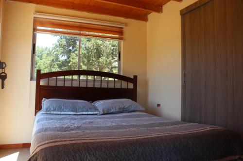 庫里科的住宿－Refugio la mejor vista del Maule，一间卧室设有一张大床和窗户