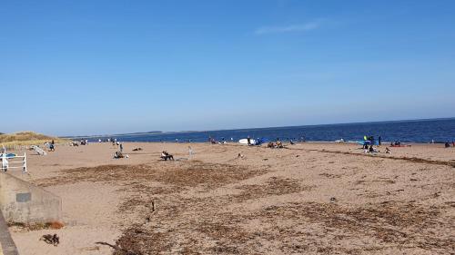 a group of people on a beach near the ocean at Great Location, large 1 bed flat with parking in Broughty Ferry