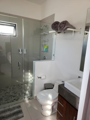 uma casa de banho com um WC, um chuveiro e um lavatório. em Casa NUEVA ¡San José del Cabo! em San José del Cabo