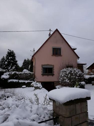 a house covered in snow in front of a yard at Gîte La Rose Jacuzzi Nordique in La Petite-Pierre