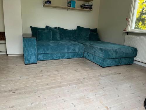 a green couch sitting in a living room at Nice two room flat 15 minutes from Stockholm C . in Huddinge