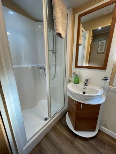 a bathroom with a shower and a sink at 7 Rannoch Row, lovely holiday static caravan for dogs & their owners. in Forfar